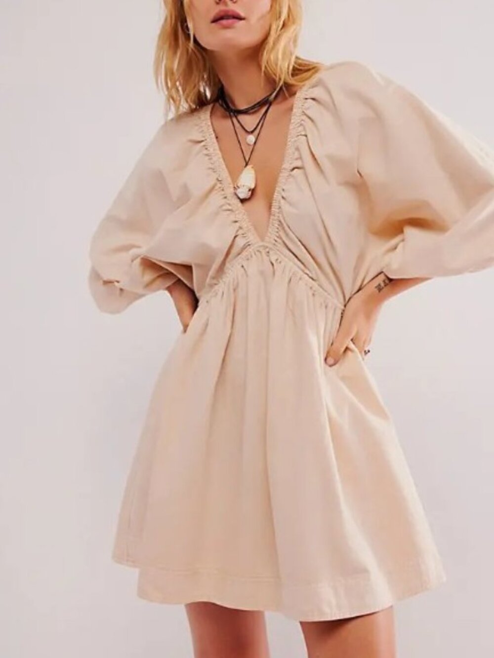 NWT Free People Portia Denim Mini Dress in Ecru
